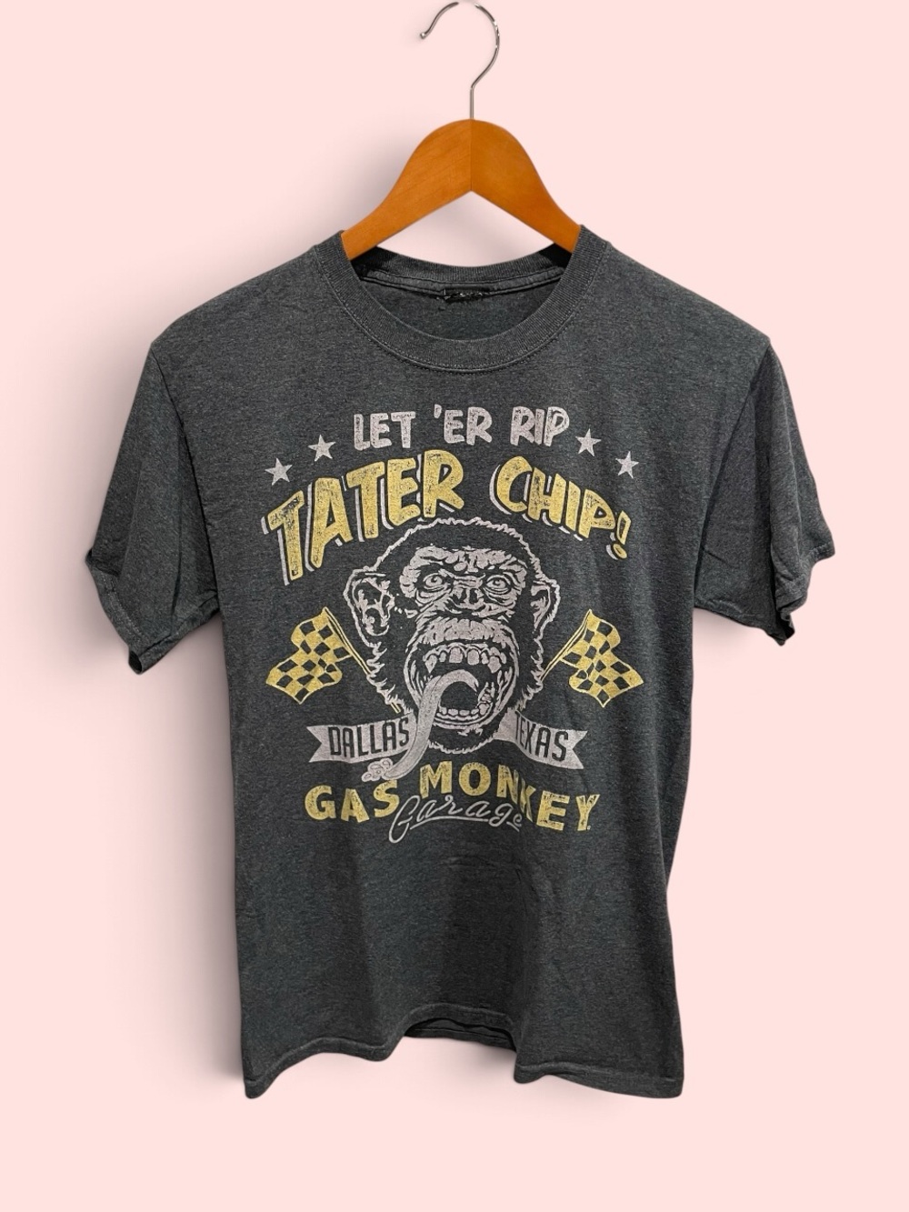 Dallas Texas garage gas monkey tater chip distressed look t-shirt charcoal gray